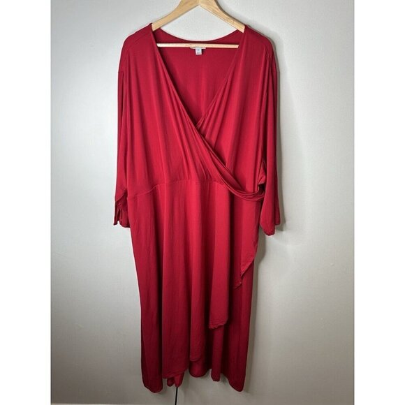Catherines Plus Dress Red Faux Wrap Drapey A-Line Stretch Midi Maxi 5X 34/36 - Picture 1 of 12
